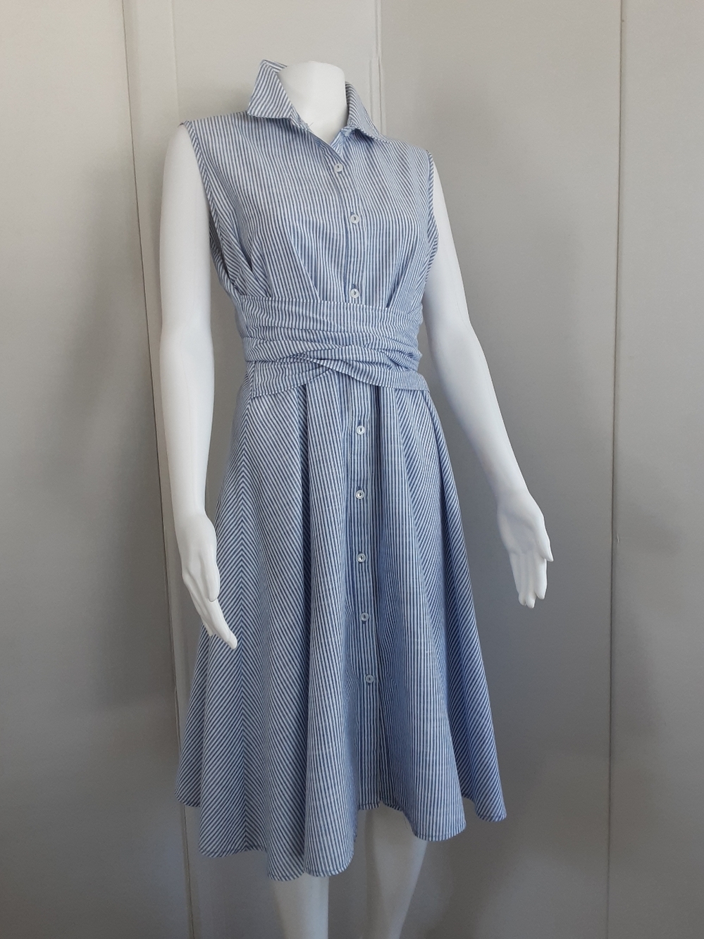 PreSeption Concepts 100% Cotton Blue|White Stripe Wrap Waist Shirtdress Sz L